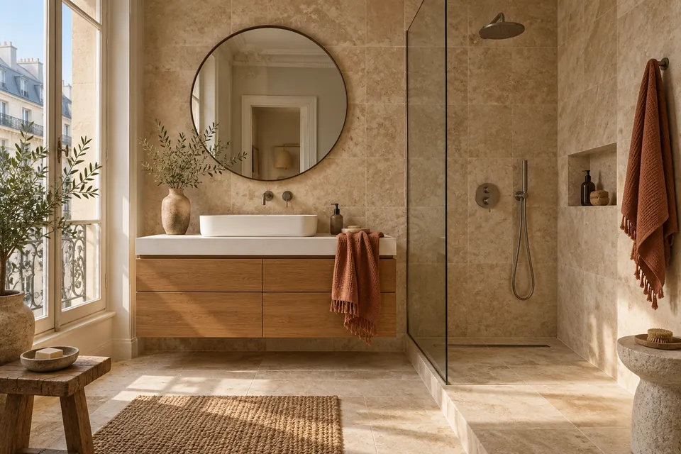 Illustration d’une salle de bains avec vasque et douche